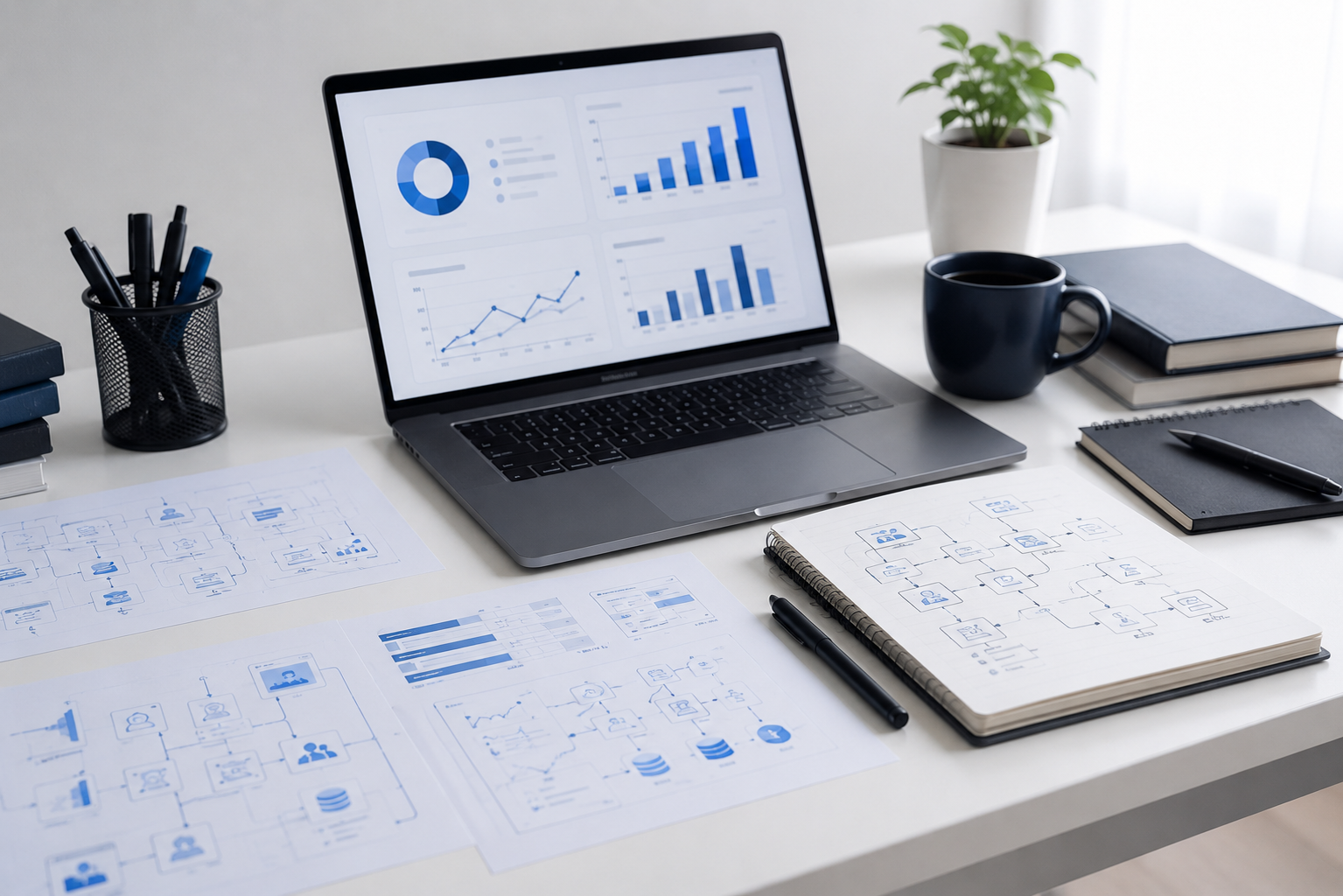 Professional workspace with dashboards, data architecture diagrams, and governance notes.